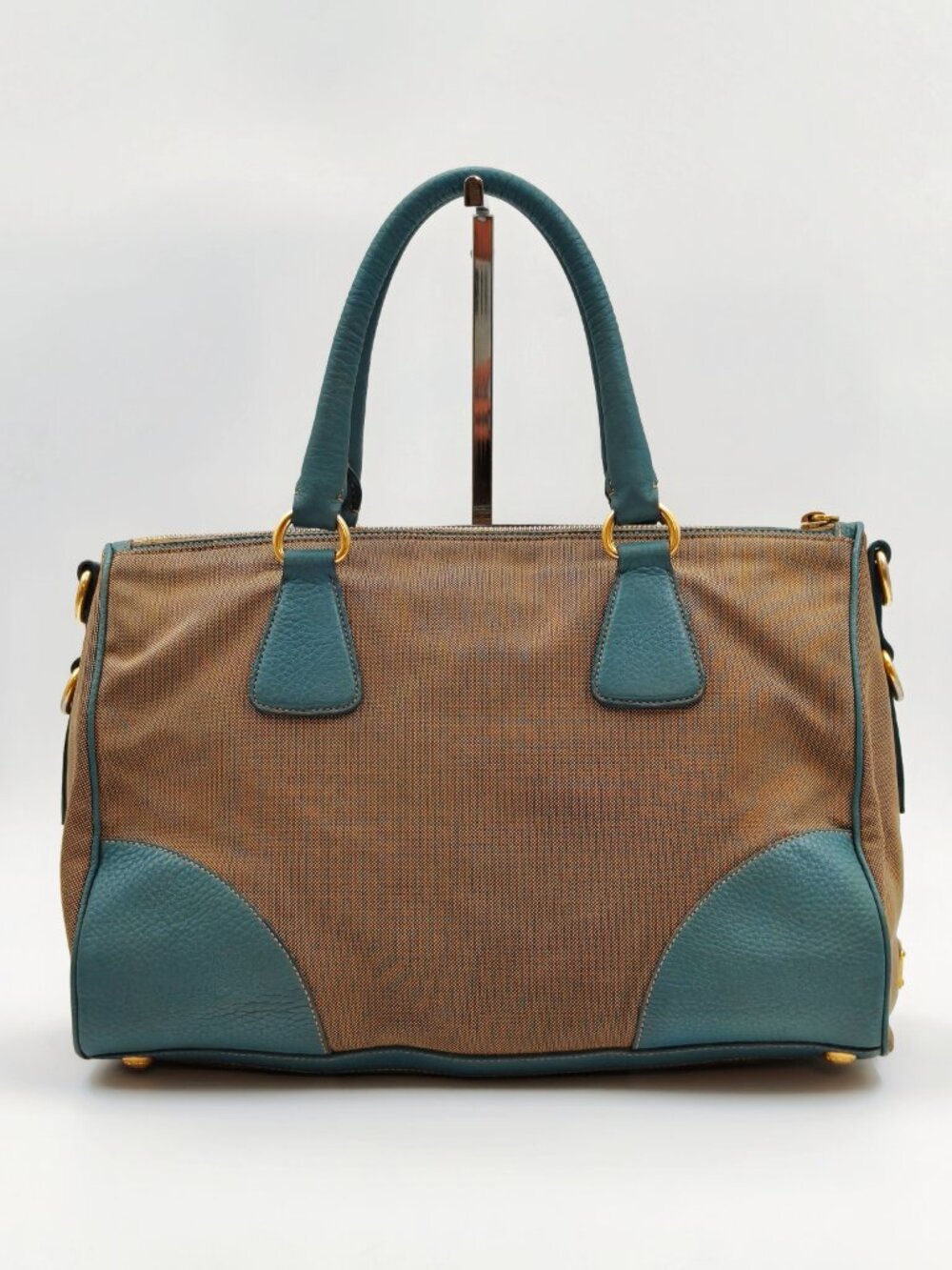 Prada Canapa Canvas Leather Boston Satchel Shoulder Bag Gray Blue - Picture 2 of 16